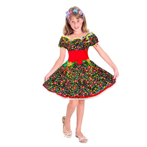 Imagem de Vestido Festa Junina Feminino Infantil pra Quadrilha Com Chapeuzinho de Palha De Arraia São João + Tiara Caipira