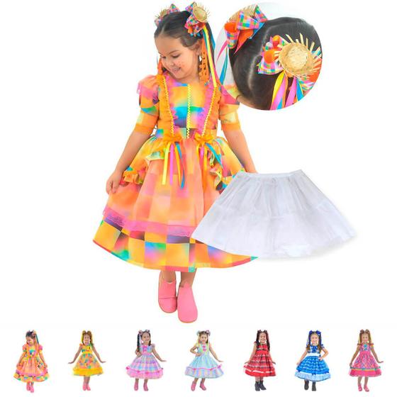 Imagem de Vestido Festa Junina Luxo Várias Cores + 2 Enfeite Cabelo + Saia Armação