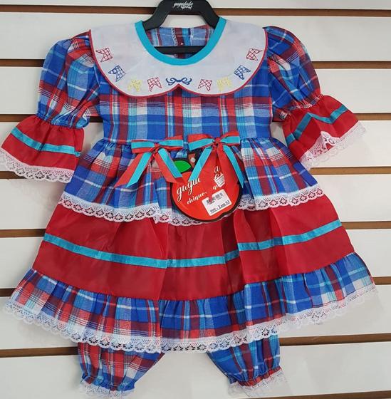 Imagem de Vestido festa junina para bebê com bermuda vermelho com azul infantil tamanho 03 gugudada 