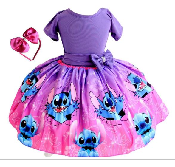 Imagem de Vestido Festa Luxo Infantil Meninas Stitch Roxo Tiara Fofo