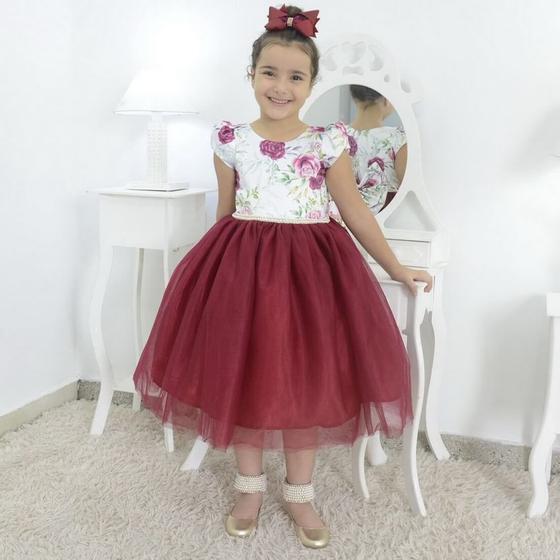 Imagem de Vestido Floral infantil com saia de tule marsala