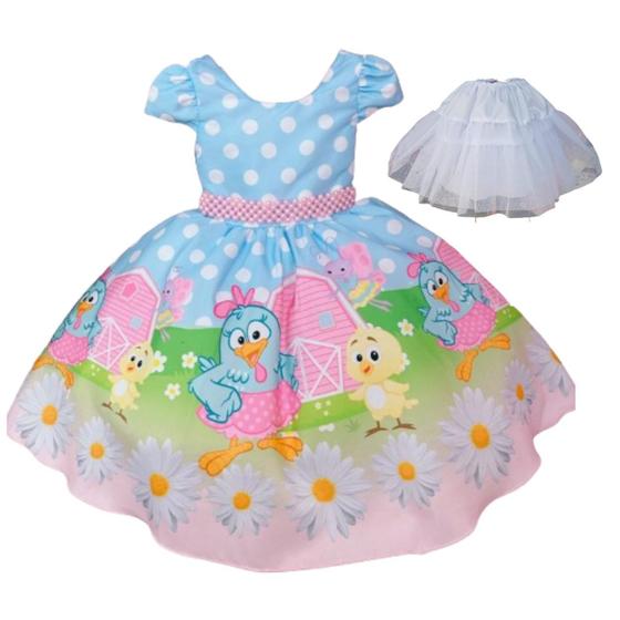 Imagem de Vestido galinha pintadinha infantil luxo para festa tematica  azul com rosa  acompanha saiote