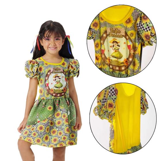 Imagem de Vestido Girassol  Infantil Luxo Amarelo Festa Junina Arraiá 