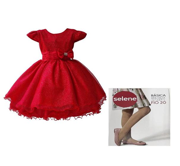 Imagem de Vestido Glitter Vermelho Infantil + Meia Selene Branco