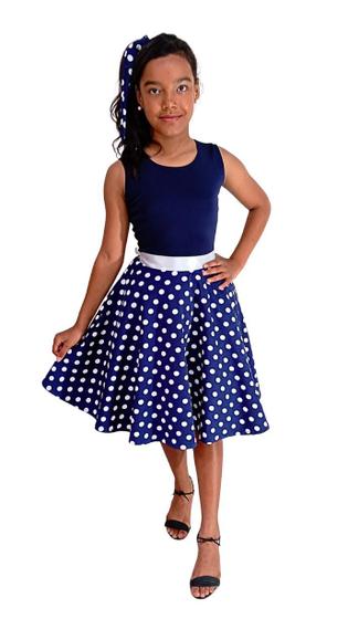 Imagem de Vestido Godê Duplo Infantil Poá Vintage Festa Regata Poa Azul Anos 60