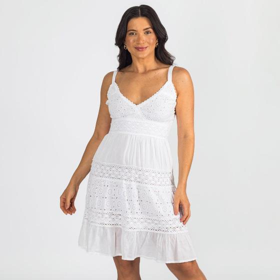 Imagem de Vestido Indiano Branco Curto Lese Com Lastex E Alça Algodão