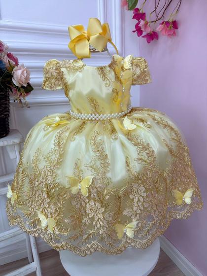 Imagem de Vestido Infantil Amarelo Renda Realeza e Aplique Borboletas super Luxo Festa  2246AM