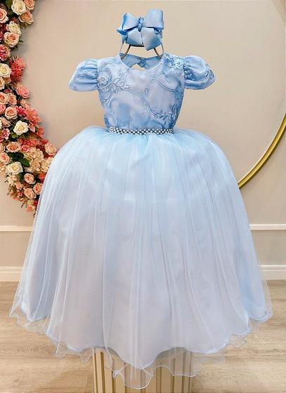 Vestido Infantil Azul Bebê Busto Renda Festas Casamento Vestido