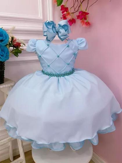 Imagem de Vestido Infantil Azul Bebê Peito Nervuras Cinto De Pérolas