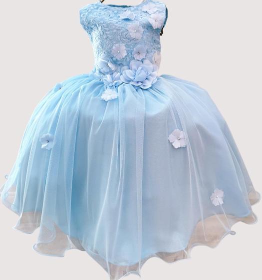 Imagem de Vestido Infantil Azul C/ Renda e Aplique de Flores Damas