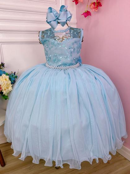 Imagem de Vestido Infantil Azul C/ Renda e Cinto de Pérolas Luxo Damas