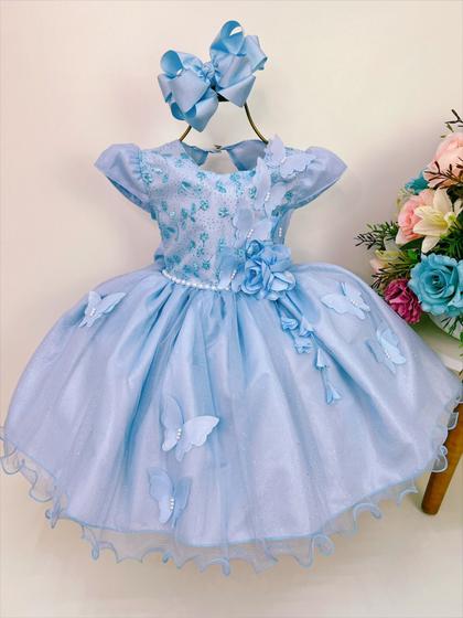 Imagem de Vestido infantil azul renda aplique borboletas brilho luxo