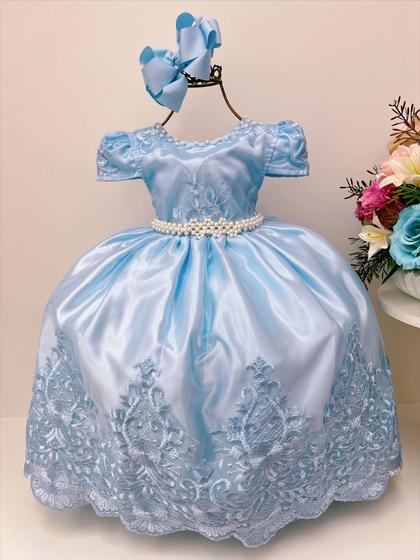 Imagem de Vestido Infantil Azul Rendado Casamento Damas Festa  Luxo Pérolas