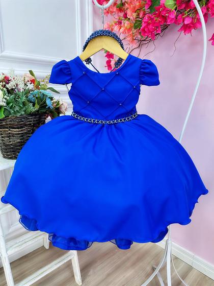 Imagem de Vestido Infantil Azul Royal Cinto de Pérolas Casamento Luxo
