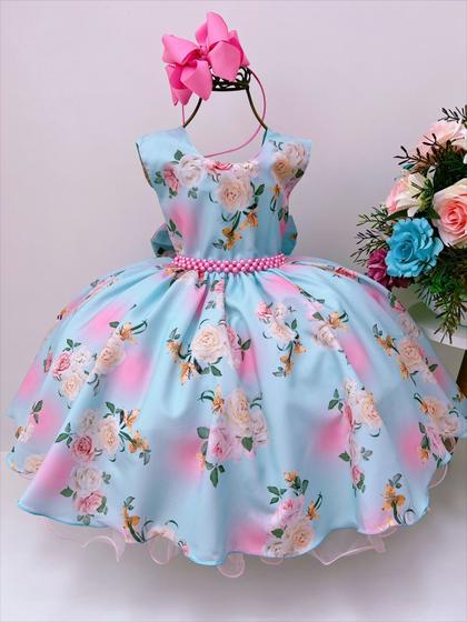 Imagem de Vestido Infantil Azul Tiffany Florido Daminhas C/ Pérolas