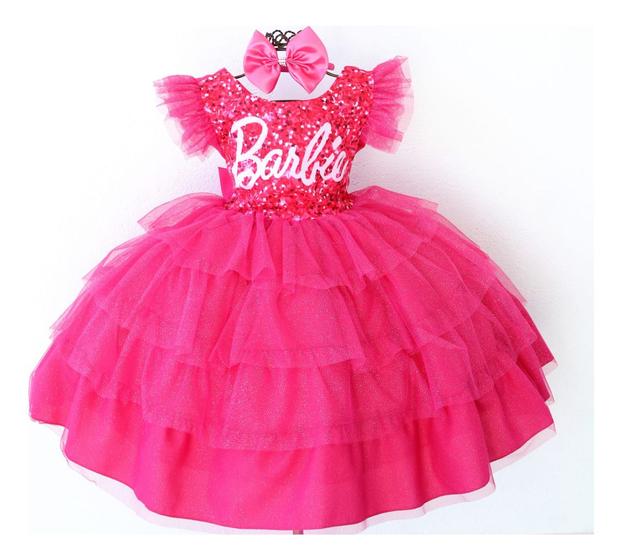 Imagem de Vestido Infantil Barbie Pink Luxo Com Tiara