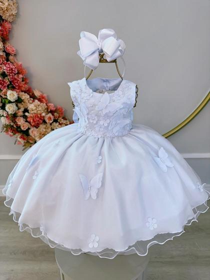 Imagem de Vestido Infantil Bebê Branco C/ Aplique de Borboletas e Flores