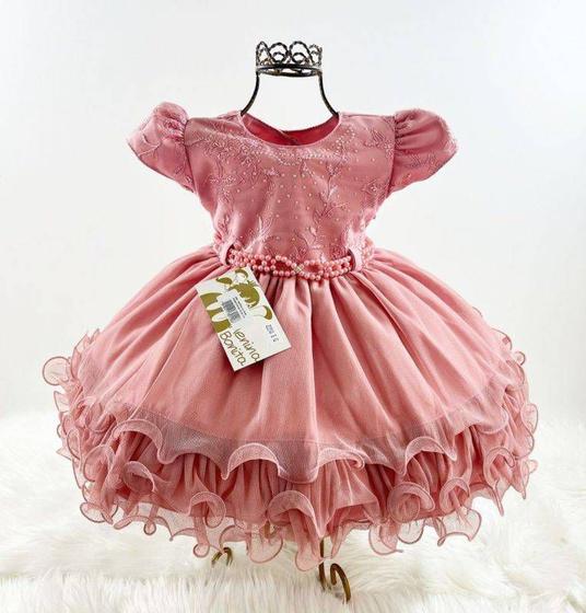 Imagem de Vestido Infantil Bebê Menina Festa Batizado Rose com Perolas Bordado