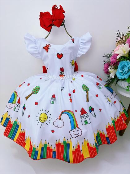 Imagem de Vestido Infantil Branco Aquarela Com Cinto de Pérolas Luxo