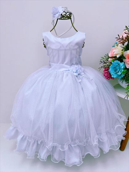 Imagem de Vestido infantil branco brilho aplique flor luxo c/ tiara