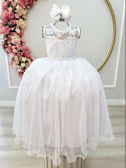 Imagem de Vestido Infantil Branco C/ Renda e Cinto de Pérolas Damas Luxo Festa 4341BP