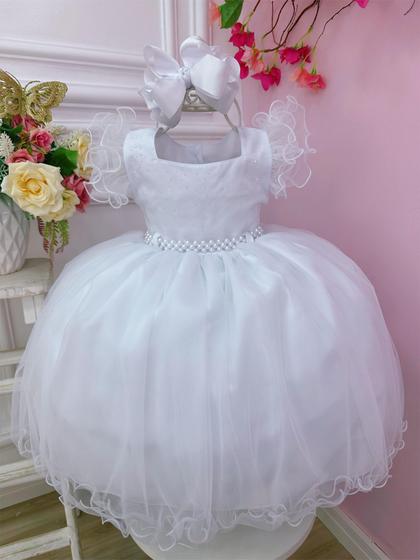 Imagem de Vestido Infantil Branco C/ Strass no Busto e Cinto de Pérolas Luxo festa 3589BR