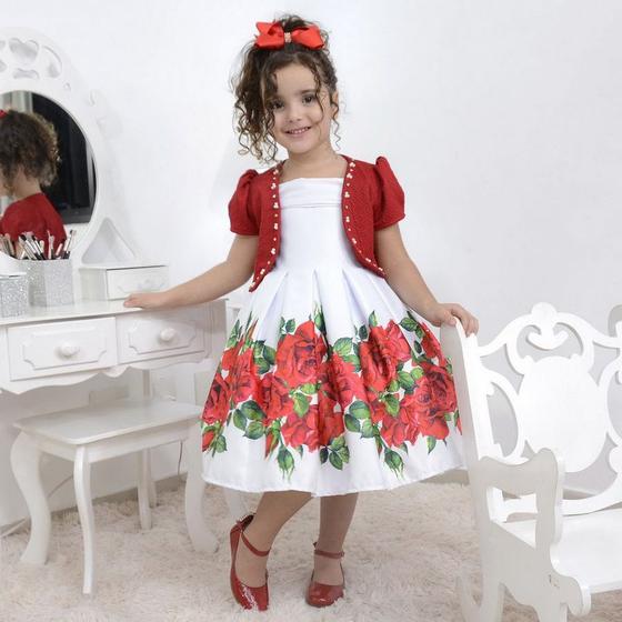 Vestido infantil branco com rosas vermelhas e bolero Moderna Meninas Moda Infantil Magazine Luiza