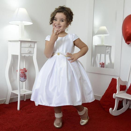 Imagem de Vestido infantil branco cor única com bordado pedrarias e strass