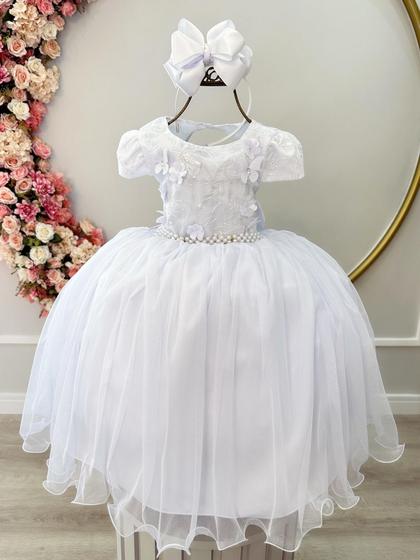 Imagem de Vestido Infantil Branco Damas C/ Renda e Aplique Borboletas  Luxo Festa 4532BC