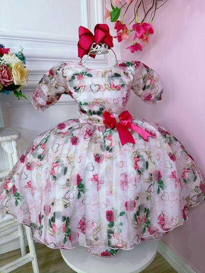 Imagem de Vestido Infantil Branco Floral Puppy Dog Aplique Laço Luxo Festa 0879BR