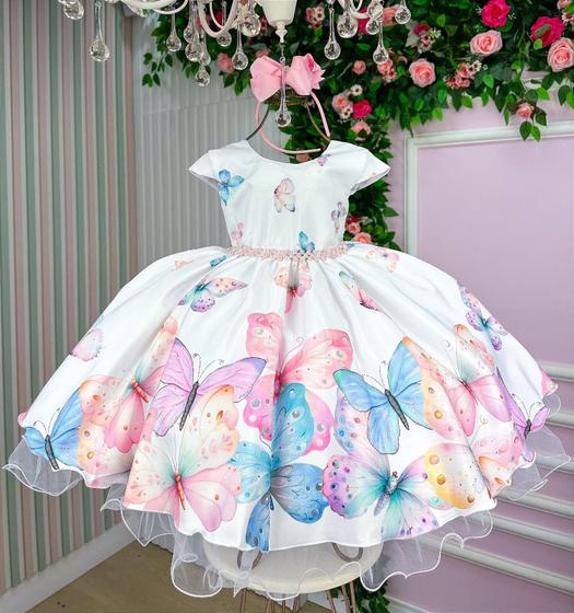 Imagem de Vestido Infantil Branco Florido Jardim Borboletas Festas