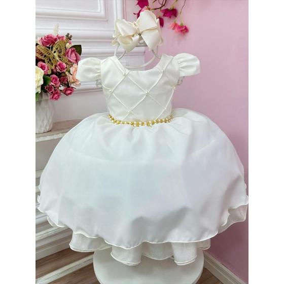 Imagem de Vestido Infantil Branco Off White Marfim Batismo Batizado Comunhão Eucaristia Dourado Dama Daminha Florista Noivinha