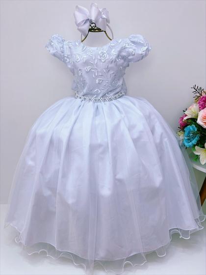 Imagem de Vestido Infantil Branco Renda Damas Honra Casamentos Pérolas Luxo