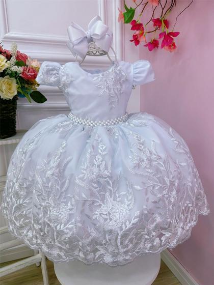 Imagem de Vestido Infantil Branco Renda Realeza e Cinto de Pérolas