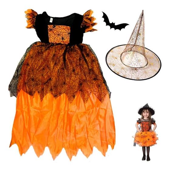 Vestido Infantil Bruxa Meninas Halloween + Chapéu Laranja Menor preço em Vestido Infantil Bruxa Meninas Halloween + Chapéu Laranja