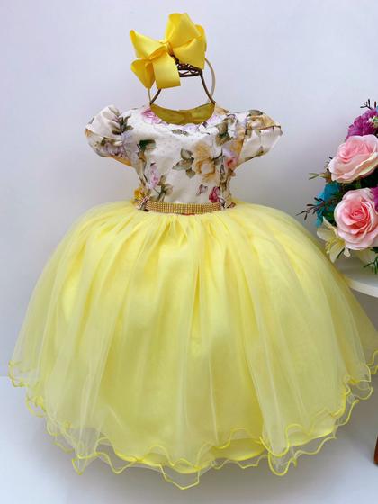 Imagem de Vestido infantil busto floral saia amarela cinto strass