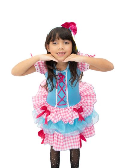 Imagem de Vestido Infantil Caipira Rosa e Azul Xadrez Junino com Arco