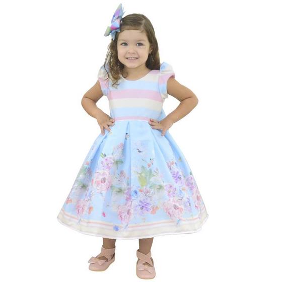 Imagem de Vestido Infantil Corpo Listrado e Saia Floral Azul - Florista