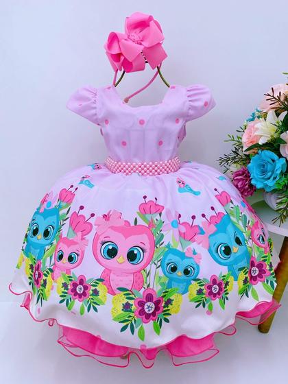 Imagem de Vestido infantil corujinhas rosa flores cinto pérolas luxo