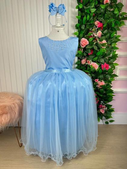 Imagem de Vestido Infantil Damas de Honra Longo Azul Strass e Pérolas