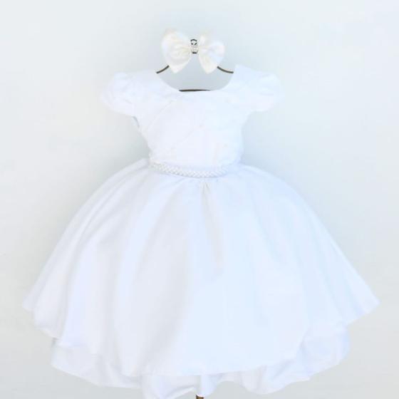 Imagem de Vestido Infantil Daminha Batizado Branco Luxo E Tiara