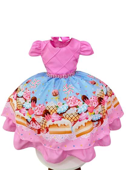 Imagem de Vestido Infantil Doces Confeitaria Rosa Chiclete Festas