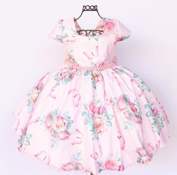 Imagem de Vestido Infantil E Juvenil Floral Borboleta Jardim Com Tiara