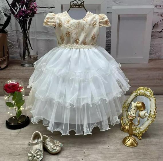 Imagem de Vestido Infantil Festa Aniversário, Batizado Branco, Dourado Bela