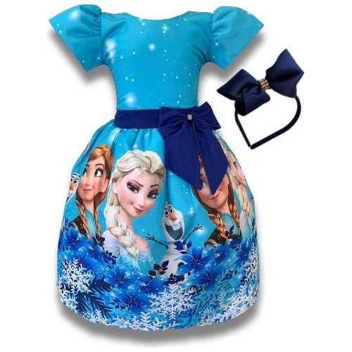 Vestido Infantil Festa Frozen Azul C/tule Festa Tiara Pequenos