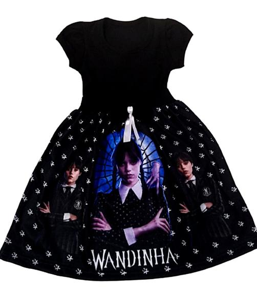 Vestido infantil festa Halloween Wandinha Addams mãozinha Menor preço em Vestido infantil festa Halloween Wandinha Addams mãozinha