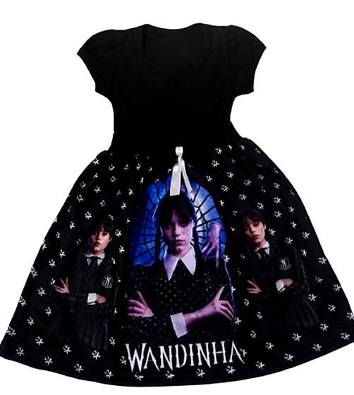 Imagem de Vestido infantil festa Halloween Wandinha Addams mãozinha