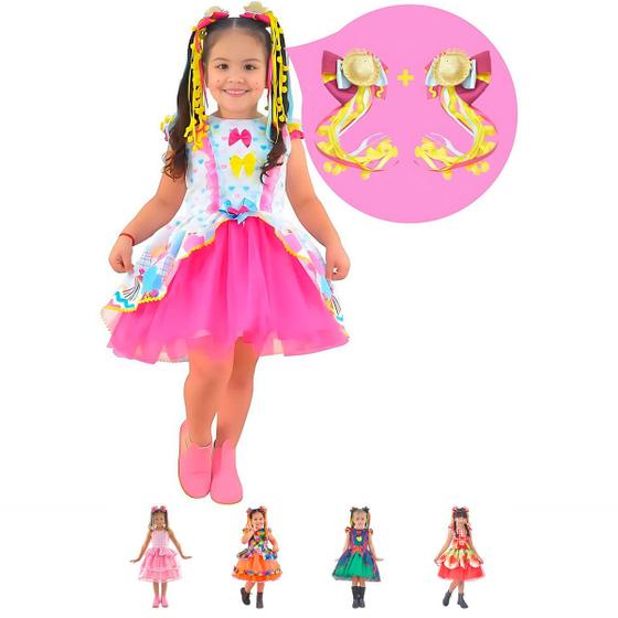 Imagem de Vestido Infantil Festa Junina São João - Várias Cores + 2 Laço Cabelo