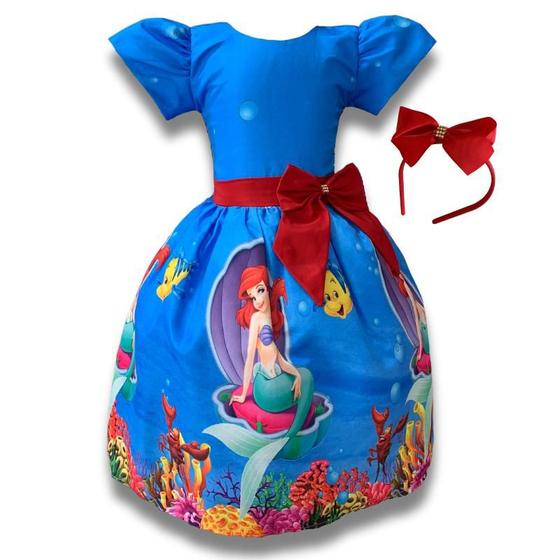 Imagem de Vestido Infantil Festa Menina Sereia Ariel Azul C/tule Tiara