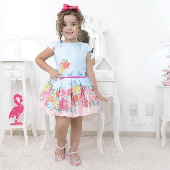 Imagem de Vestido infantil floral azul com rosas, borboletas e laço nas costas